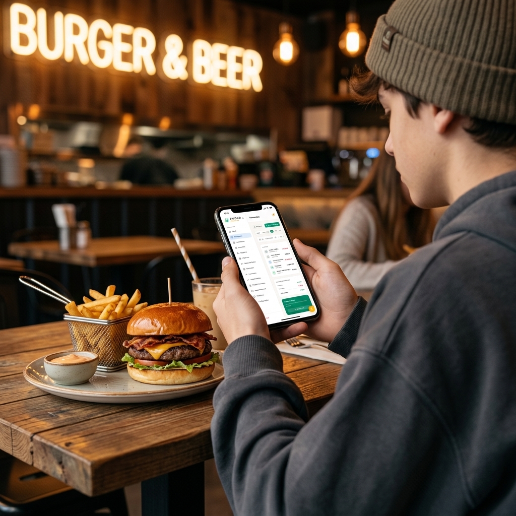 Adolescente a usar o FinDuo na hamburgueria